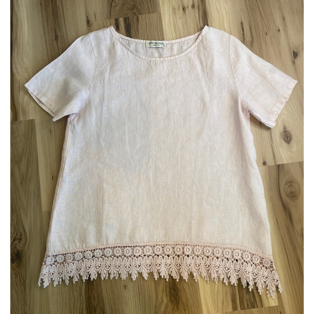 Terzo Millennio Pale Pink Linen Crochet Lace Trim Top Made in Italy Small